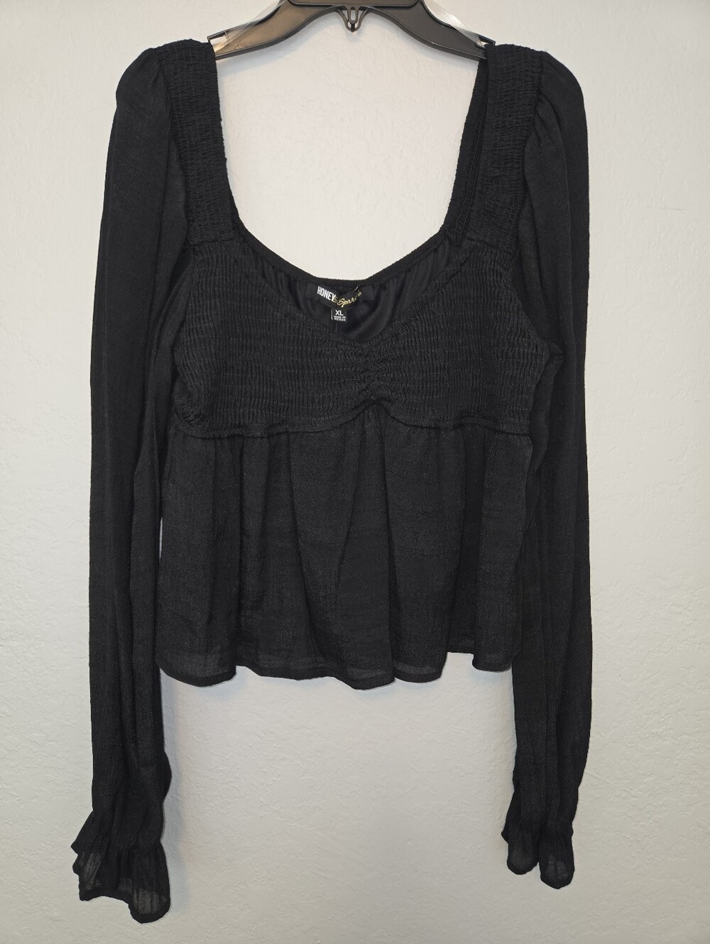 Honey & Sparkle Smocked V-Neck Long Puff Sleeve Top, Black - Picture 2 of 4
